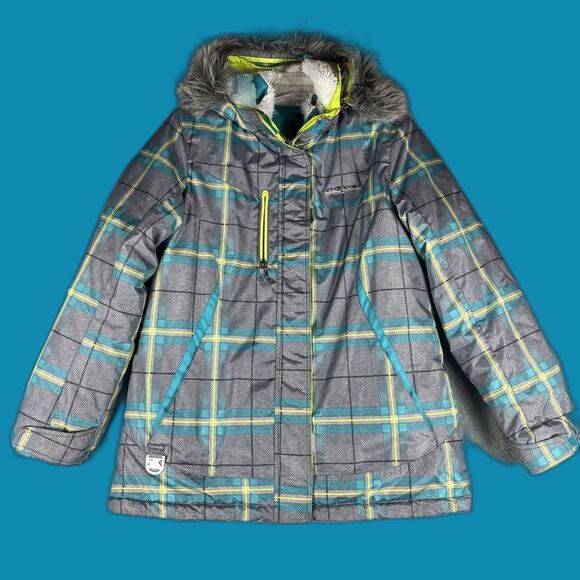 ZERO XPOSUR ZEROXPOSUR GIRLS Ski‎ WINTER COAT size XL 16 Gray Aqua Neon Plaid - Picture 1 of 11